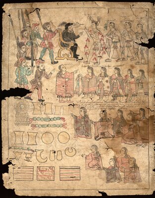 Xicoténcatl and Tlaxcaltec nobles present gifts and maidens to Hernan Cortés and his men while Malintzin translates