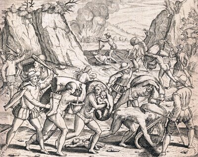 Conquistadores españoles esclavizando a indígenas en Jalisco