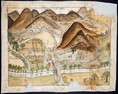 Mapa dibujado a mano en color del complejo religioso del santuario de la Virgen de Guadalupe y sus alrededores