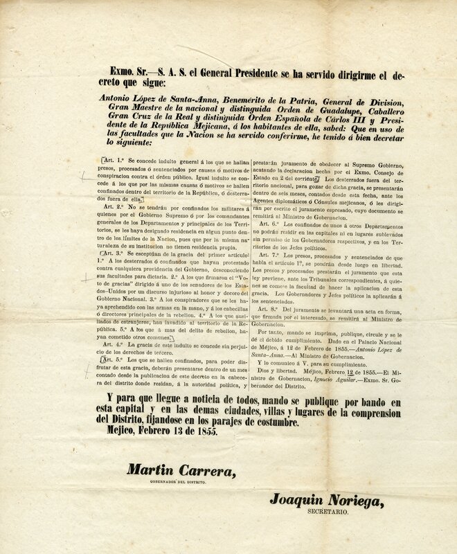 Printed decree regarding the centralization of the Mexican government