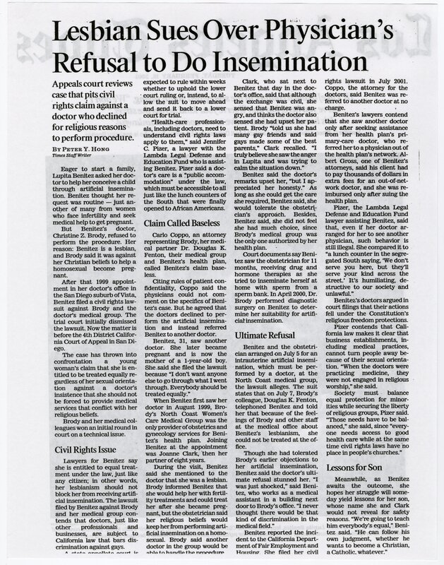 "Lesbian Sues Over Physician's Refusal to Do Insemination", page 2