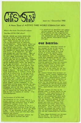 "Gafas Shades: A News Sheet of Austin's Third World Lesbian/Gay Men", page 1