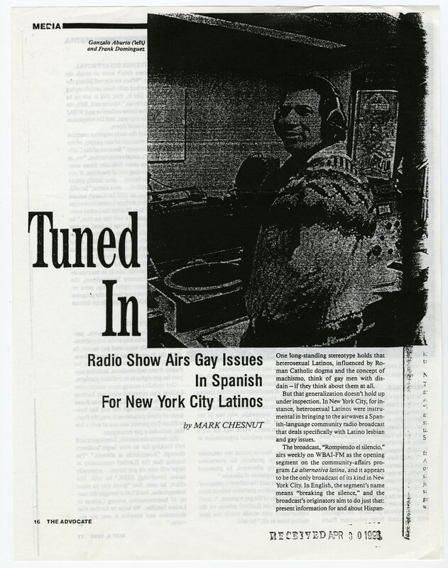 "Tuned-In: Radio Show Airs Gay Issues in Spanish for New York City Latinos", page 1