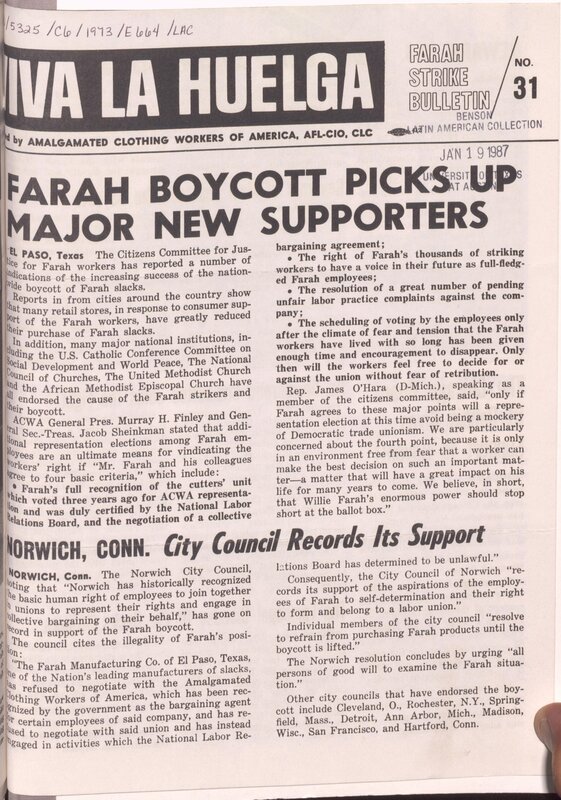 "Farah Boycott Picks Up Major New Supporters" & "City Council Records Its Support"