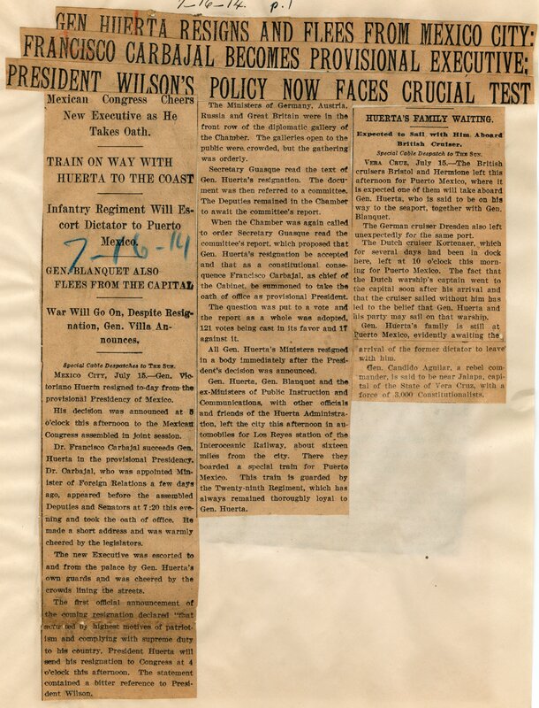 "Gen. Huerta Resigns and Flees from Mexico City", page 1