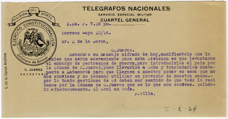 Telegrama destacando la importancia de Ciudad Juárez–El Paso para el abastecimiento del ejército