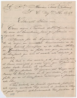 Letter to Mariano Riva Palacio regarding the construction of the Monument to Cuauhtémoc