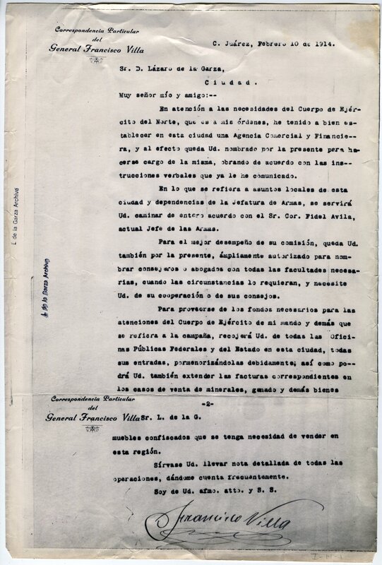 Carta estableciendo la Agencia Comercial y Financiera de la División del Norte