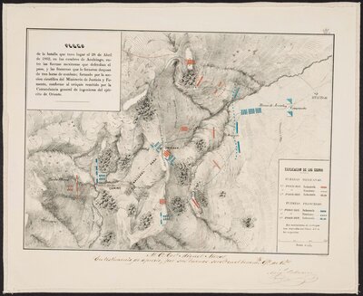Plano de la Batalla que tuvo lugar el 28 de Abril de 1862, en las cumbres de Aculcingo, entre las fuerzas mexicanas que defendían el paso, y las francesas que lo forzaron despues de tres horas de combate.