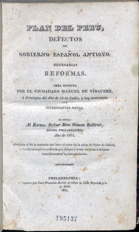"Plan del Perú, defectos del gobierno español antiguo, necesarias reformas", portada