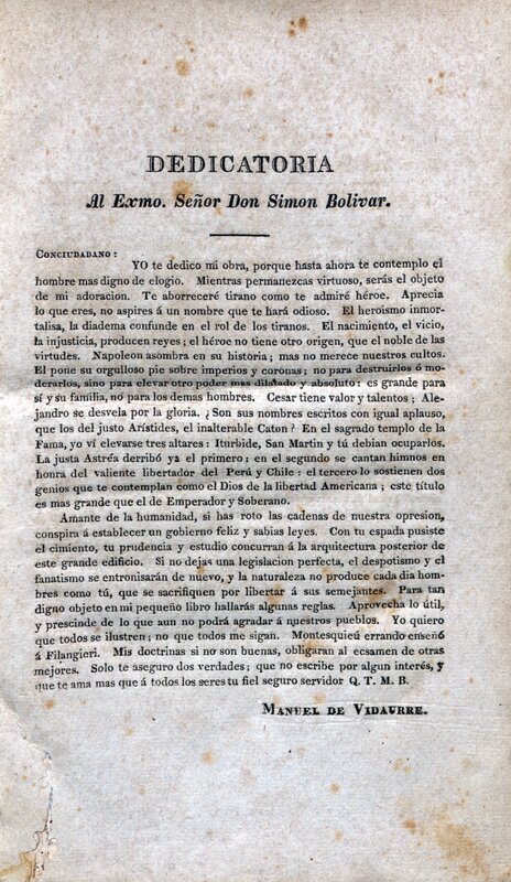 "Dedicatoria al Excmo. Señor Don Simón Bolívar"