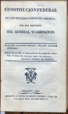 "Constitución Federal de los Estados Unidos de América, con dos discursos del General Washington", portada