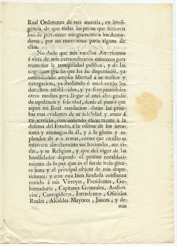 "Real cédula de Su Majestad en la que, manifestando los justos motivos de su real resolución de 21 de junio, autoriza a sus vasallos americanos para que, por vía de represalias y desagravio, hostilicen por mar y tierra a los súbditos del rey de la Gran Bretaña", página 4