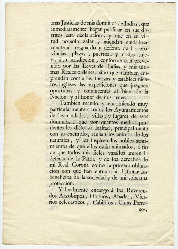 "Real cédula de Su Majestad en la que, manifestando los justos motivos de su real resolución de 21 de junio, autoriza a sus vasallos americanos para que, por vía de represalias y desagravio, hostilicen por mar y tierra a los súbditos del rey de la Gran Bretaña", página 5