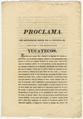 "Proclama. Los Diputados de Cortes por la provincia de Yucatán a sus habitantes yucatecos", página 1 