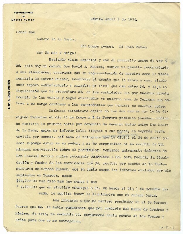 Letter to Lázaro de la Garza regarding a debt collection, page 1