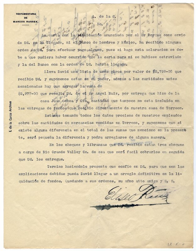 Letter to Lázaro de la Garza regarding a debt collection, page 2
