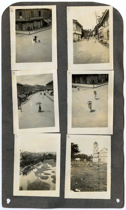 Photographs of children, women, and men walking through the streets of a town during the Mexican Revolution