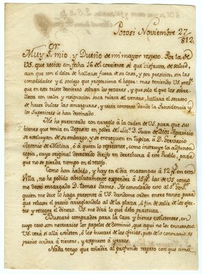 Letter to the Marqués del Valle del Tojo regarding his exile and sale of his properties, page 1