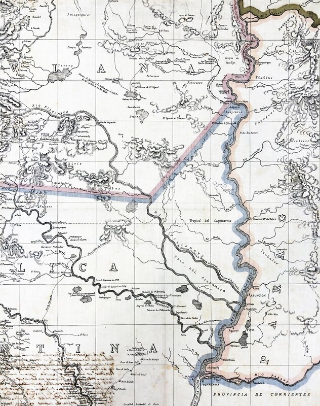 Topographic map of the intersection between Bolivia, Argentina, and Paraguay marking political borders